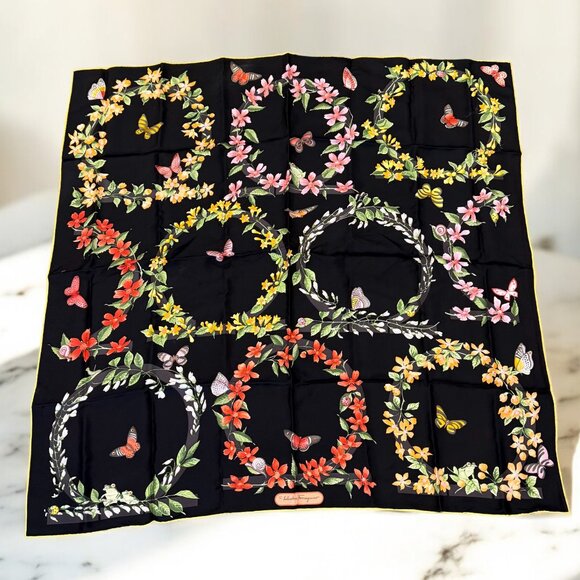 Salvatore Ferragamo 100% Silk Square Floral Butterfly Scarf 33"X 33" - Picture 3 of 13